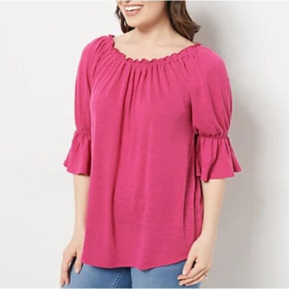 Laurie Felt Sleeve Detail Gauze Ruffle Peasant Top - Picture 1 of 6